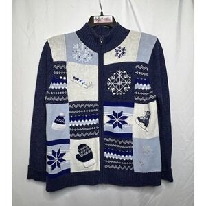 Classic Elements Blue Winter Sweater Snowflakes & Mittens -‎  Size Medium